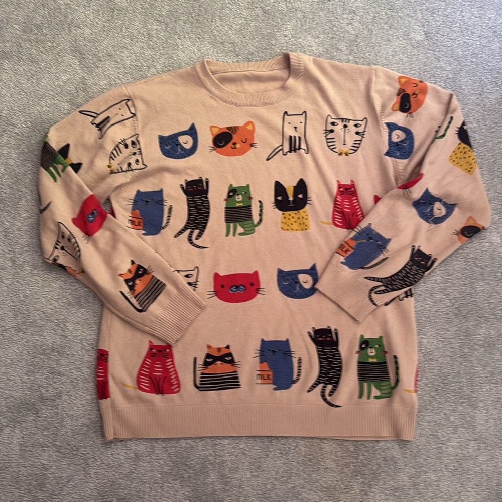 Unisex Beige Cat Print Sweater